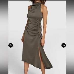 Donna Karan Mock Neck Ruched Assymetrical Midi Dress